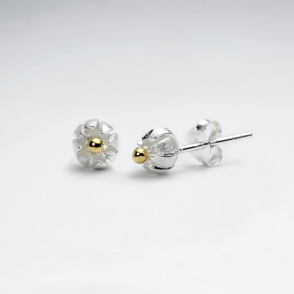 Simple Sterling Silver Round Bloom Inspired Grooved Stud Earrings