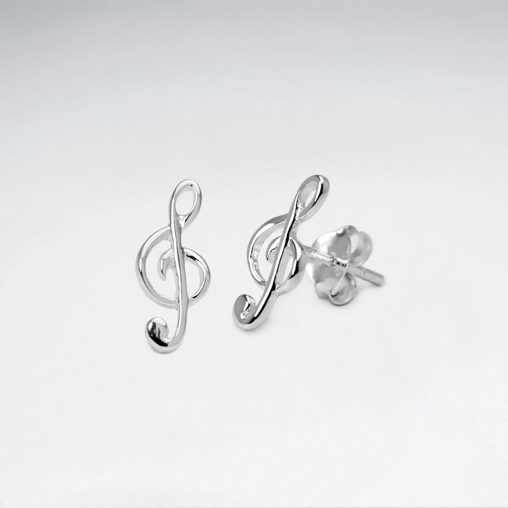 Treble Clef Musical Note Stud Earrings in Sterling Silver