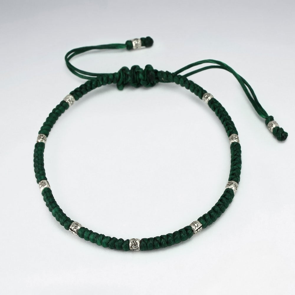 Adjustable Macrame Waxed Cotton Bracelet With Antique Hand Made Silver Beads