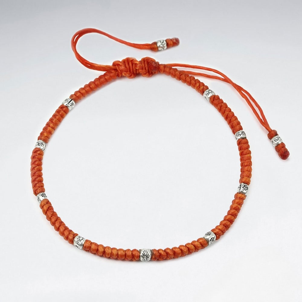 Adjustable Macrame Waxed Cotton Bracelet With Antique Hand Made Silver Beads