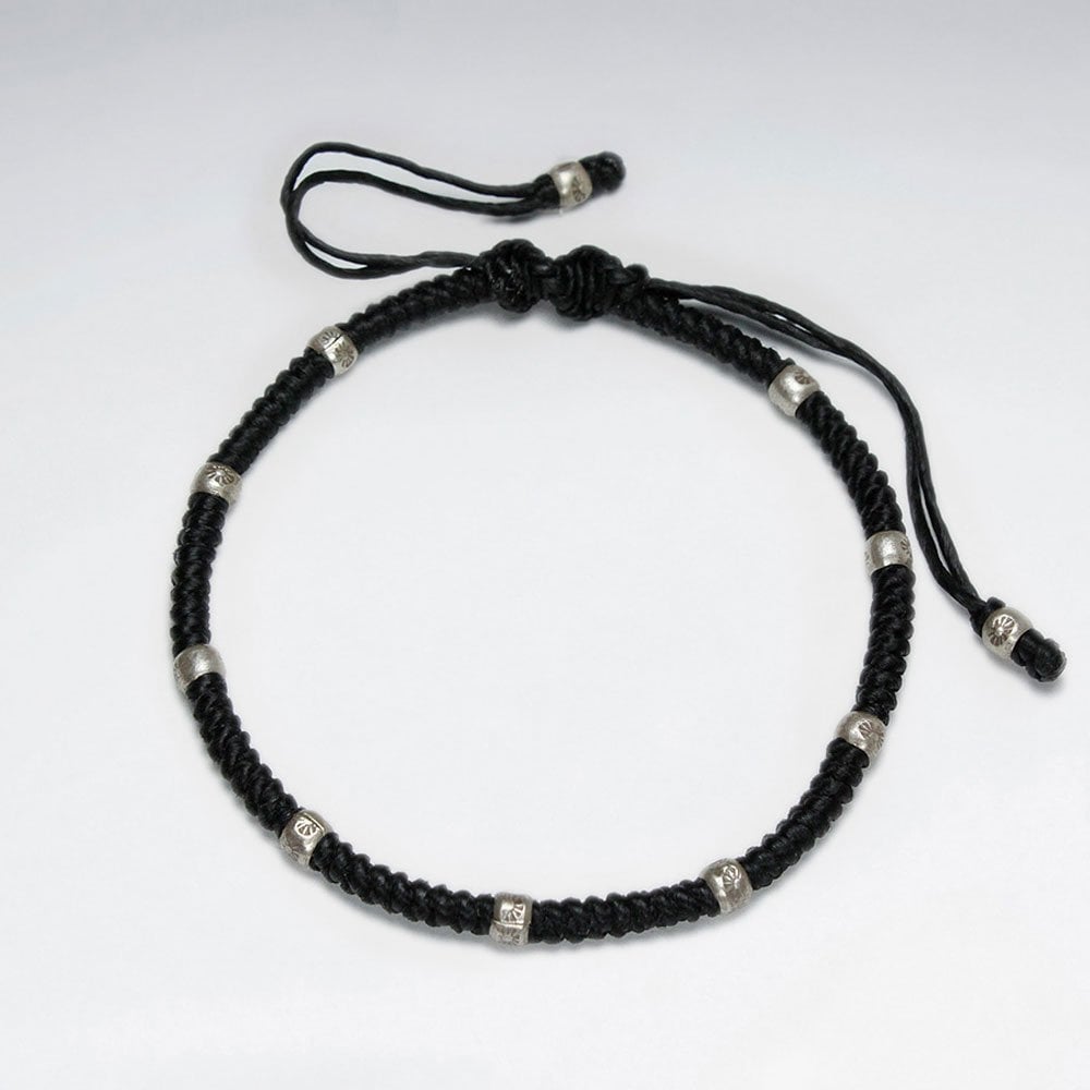 Adjustable Macrame Waxed Cotton Bracelet With Antique Hand Made Silver Beads