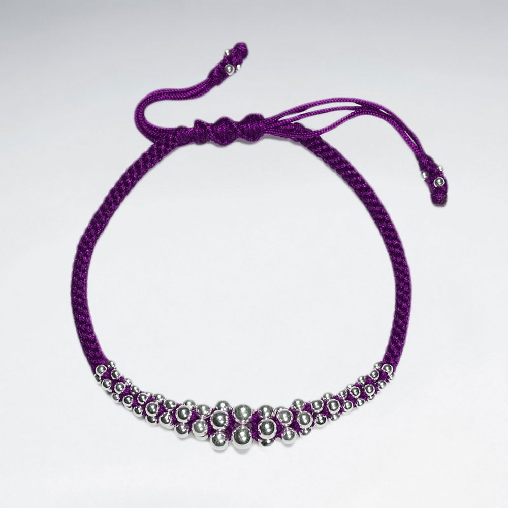 Adjustable Macrame Waxed Cotton Bracelet With Silver Beads