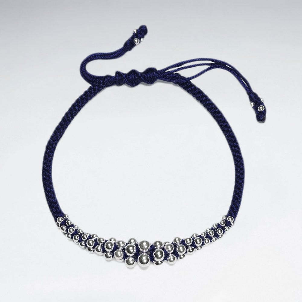 Adjustable Macrame Waxed Cotton Bracelet With Silver Beads