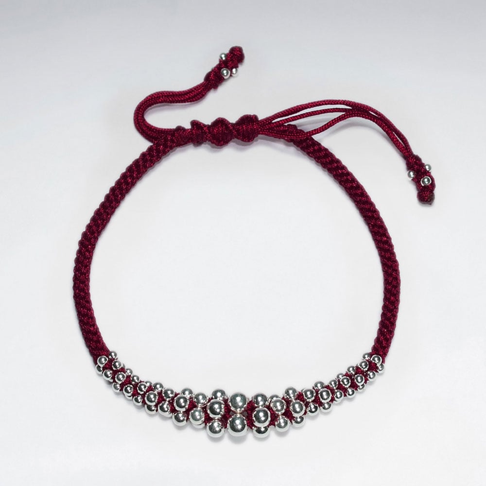 Adjustable Macrame Waxed Cotton Bracelet With Silver Beads