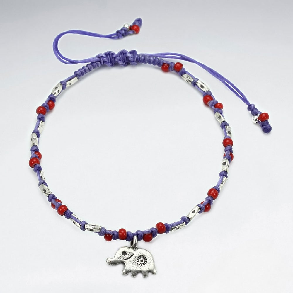 Adjustable Macrame Waxed Cotton Bracelet With Antique Handmade Silver Elephant Charm And Red Glass Beads