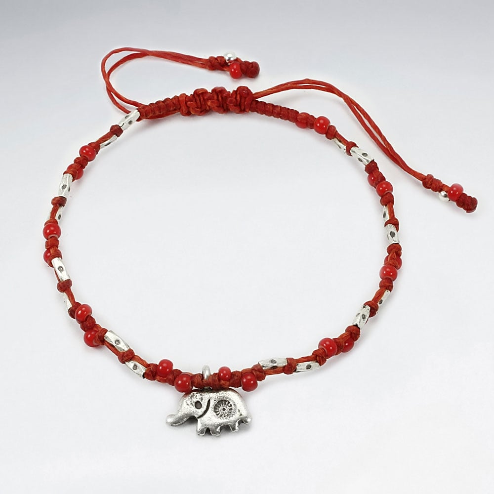 Adjustable Macrame Waxed Cotton Bracelet With Antique Handmade Silver Elephant Charm And Red Glass Beads