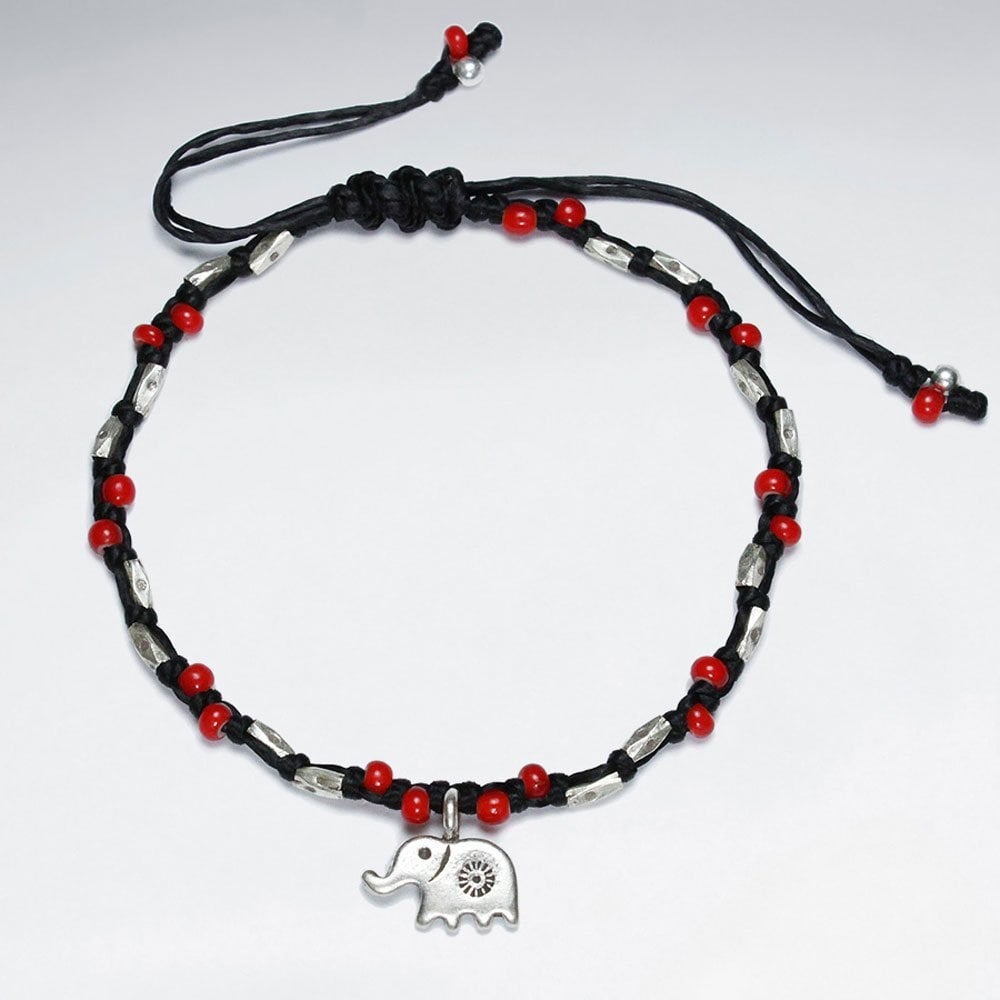 Adjustable Macrame Waxed Cotton Bracelet With Antique Handmade Silver Elephant Charm And Red Glass Beads