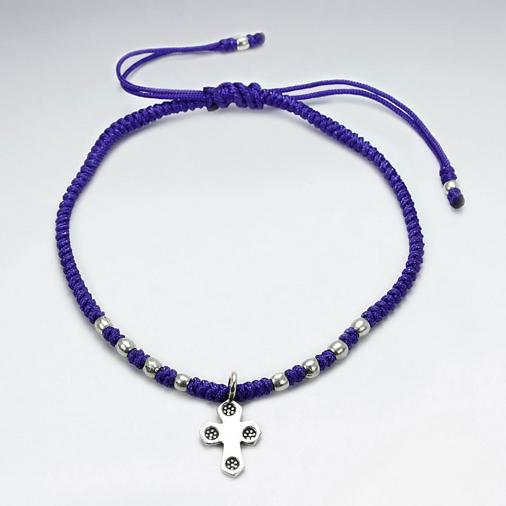 Adjustable Waxed Cotton Macrame Bracelet With Pattern Silver Beads and Cross Accent Charm