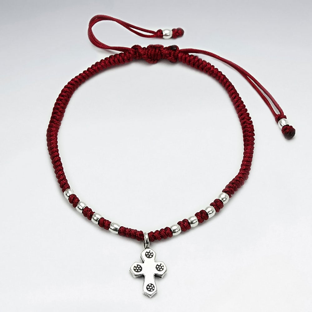 Adjustable Waxed Cotton Macrame Bracelet With Pattern Silver Beads and Cross Accent Charm