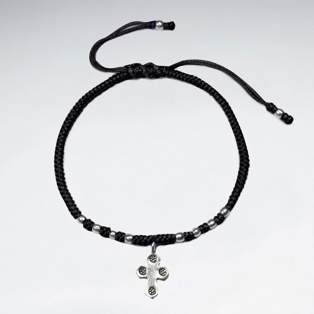 Adjustable Waxed Cotton Macrame Bracelet With Pattern Silver Beads and Cross Accent Charm