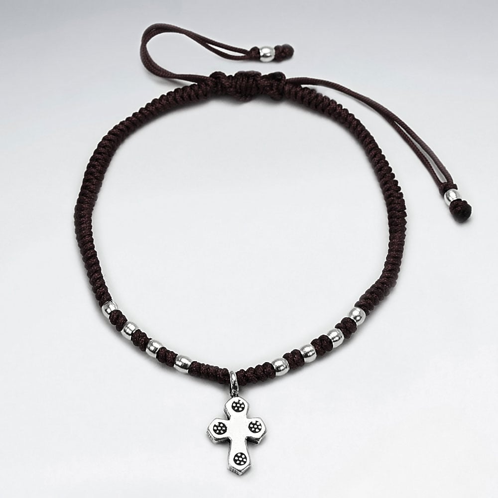 Adjustable Waxed Cotton Macrame Bracelet With Pattern Silver Beads and Cross Accent Charm