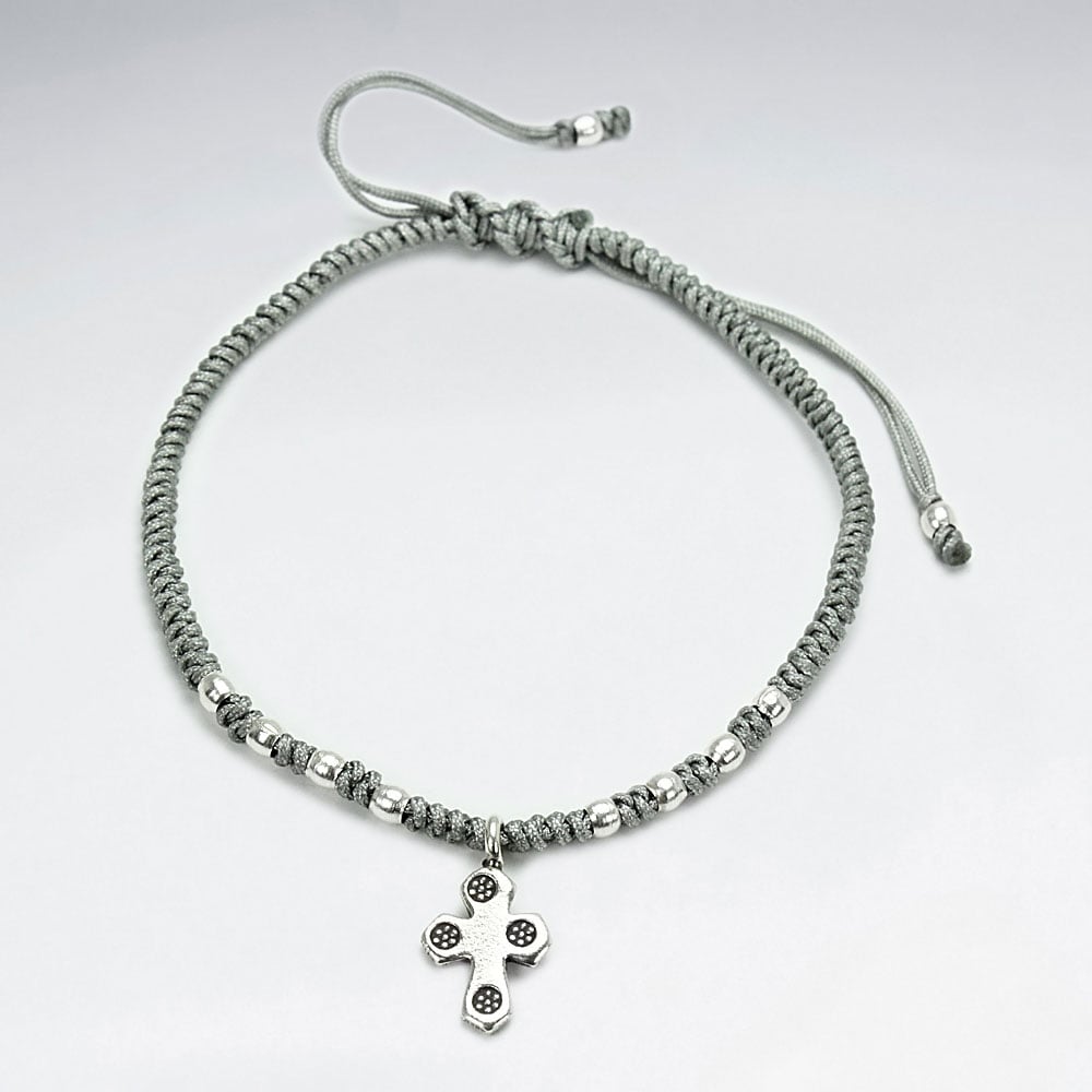 Adjustable Waxed Cotton Macrame Bracelet With Pattern Silver Beads and Cross Accent Charm