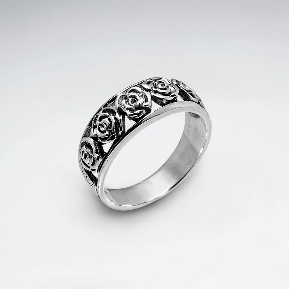 Sterling Silver  Engraved Rose Oxidized Design Ring