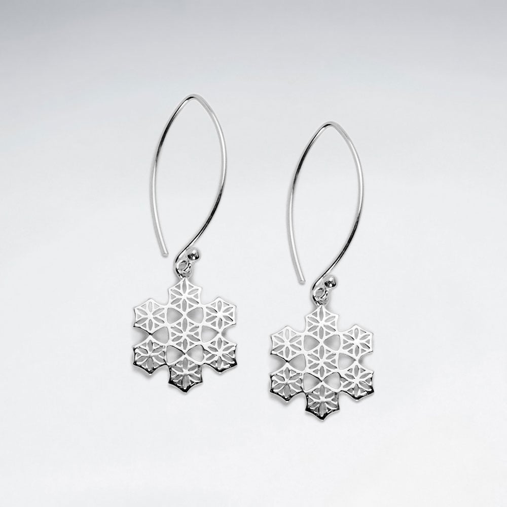 Winter Wonderland Sterling Silver Detailed Snowflake Hook Earrings