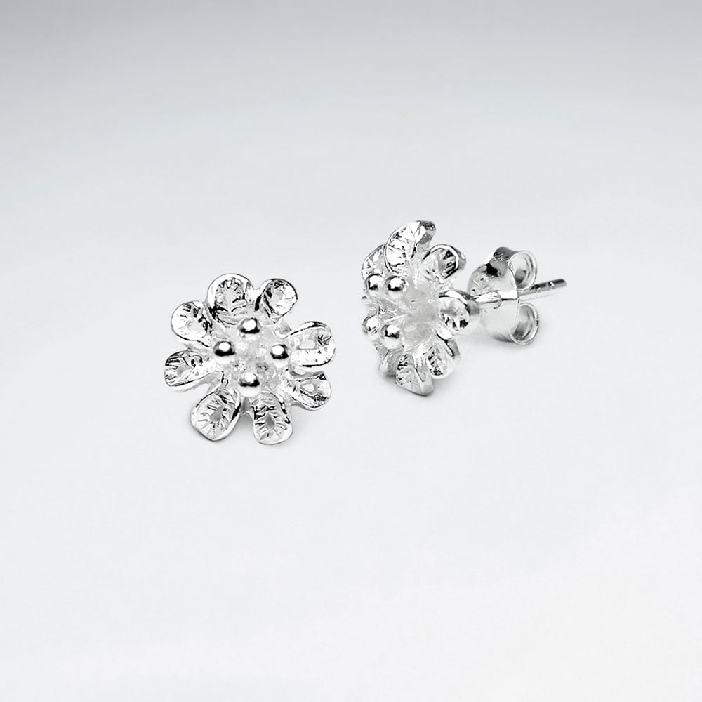 Oxidized Silver Detailed Flower Stud Earrings
