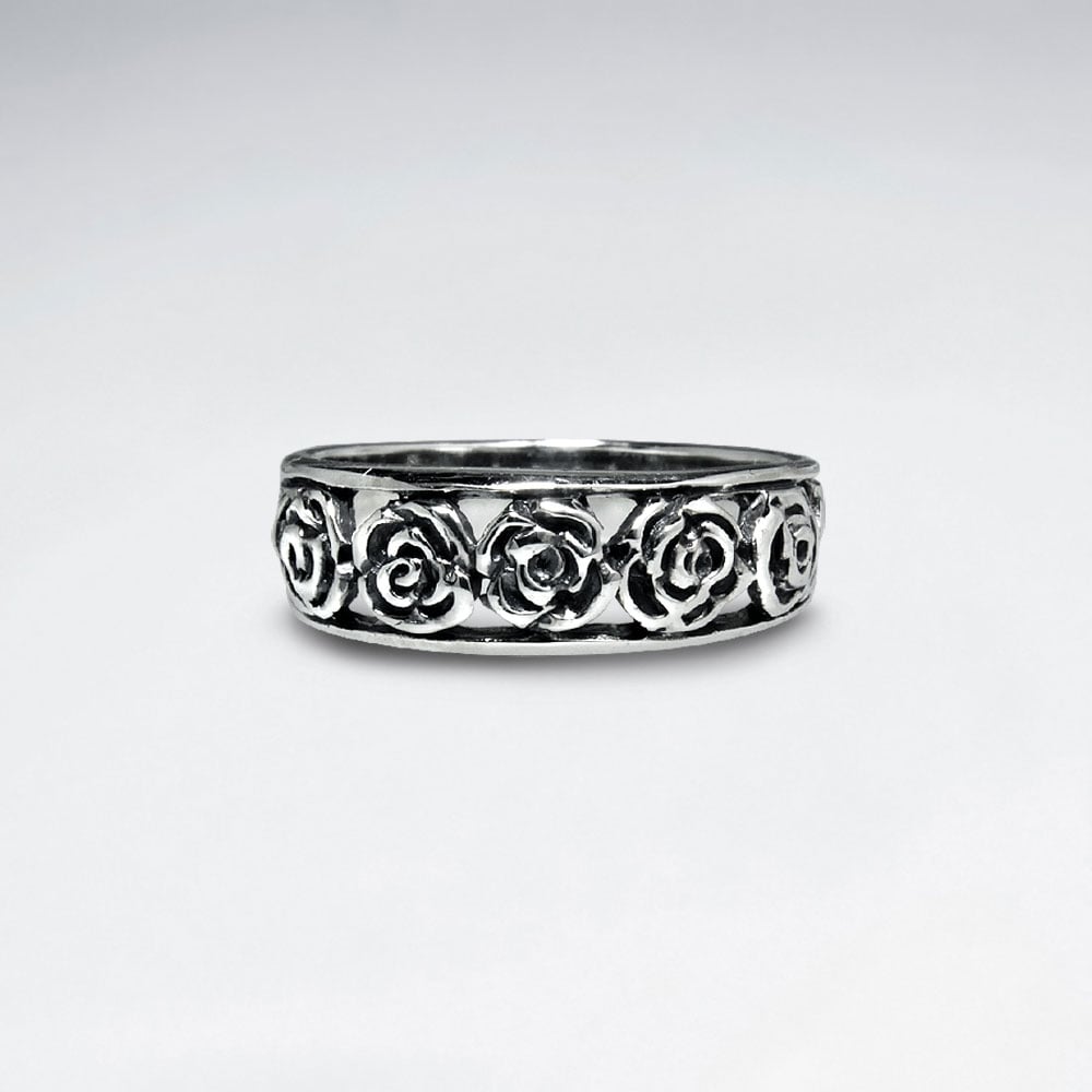 Sterling Silver  Engraved Rose Oxidized Design Ring