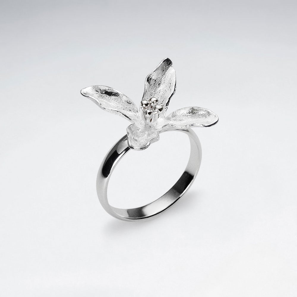 Four Point Sterling Silver Matte & High Polished Budding Flower Ring