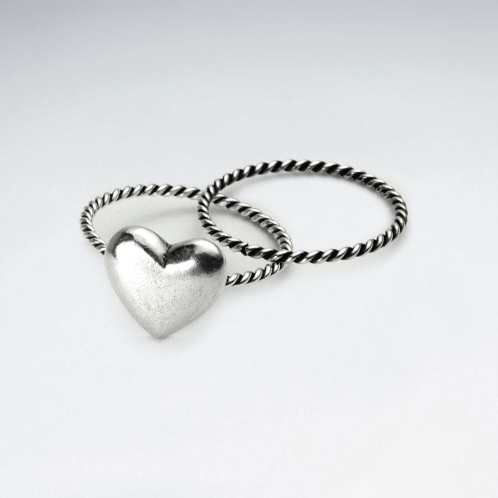 Oxidized Silver Stackable Twist Band Heart Ring