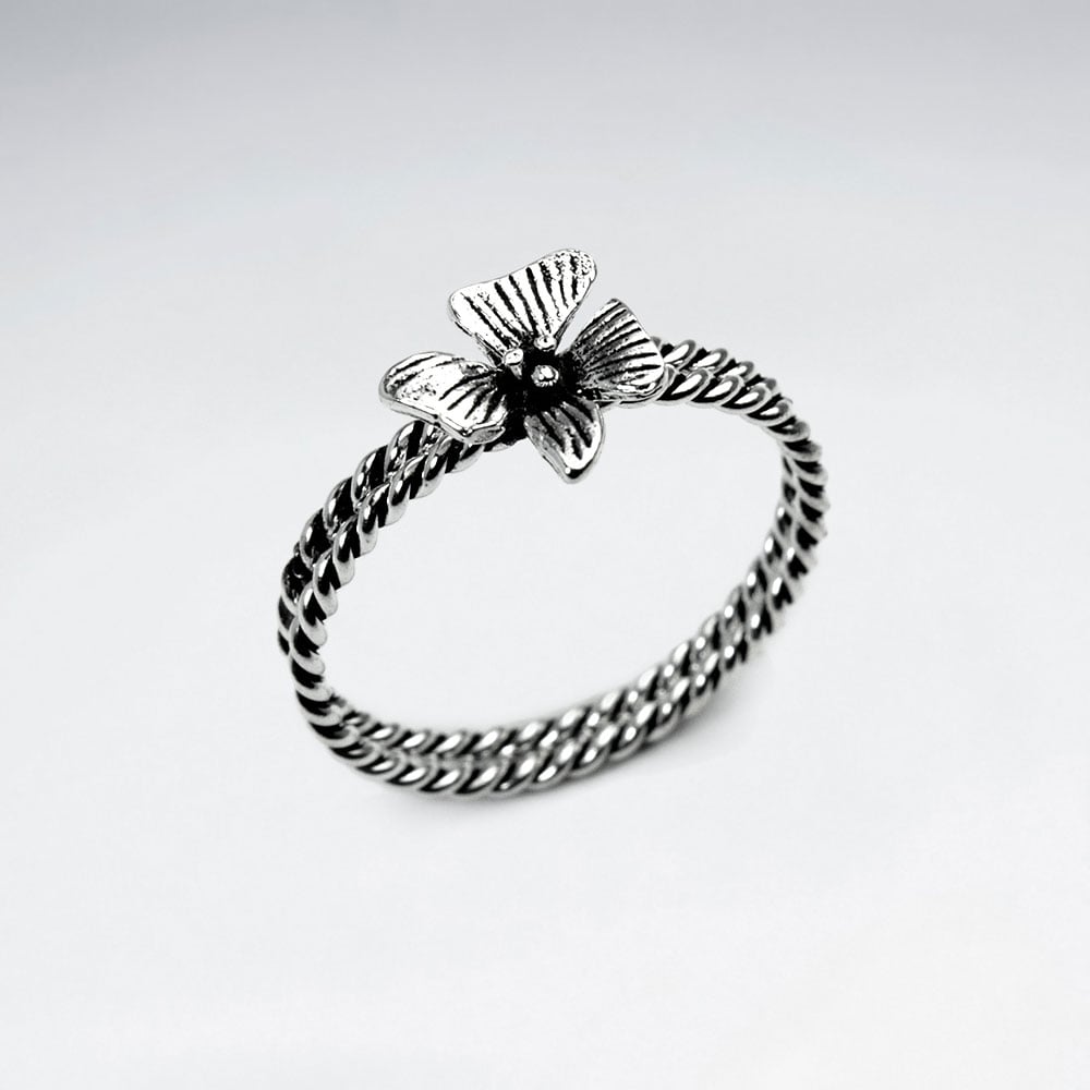 Oxidized Silver Stackable Twist Band Flower Ring