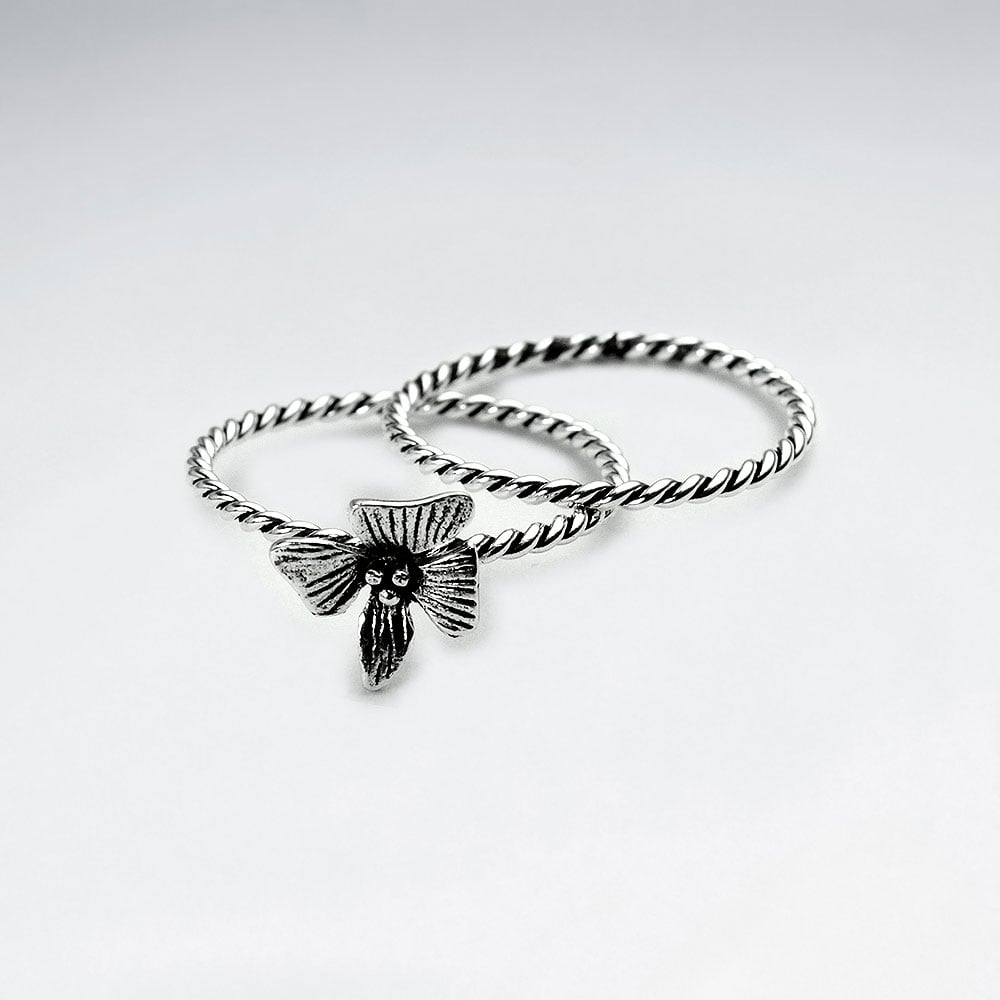 Oxidized Silver Stackable Twist Band Flower Ring