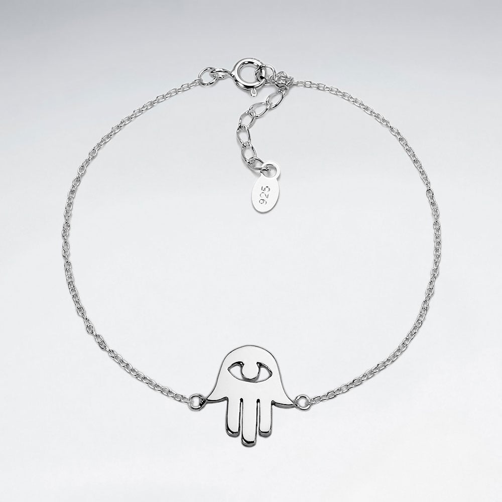 Sterling Silver Hamsa Hand Evil Eye Adjustable Chain Bracelet