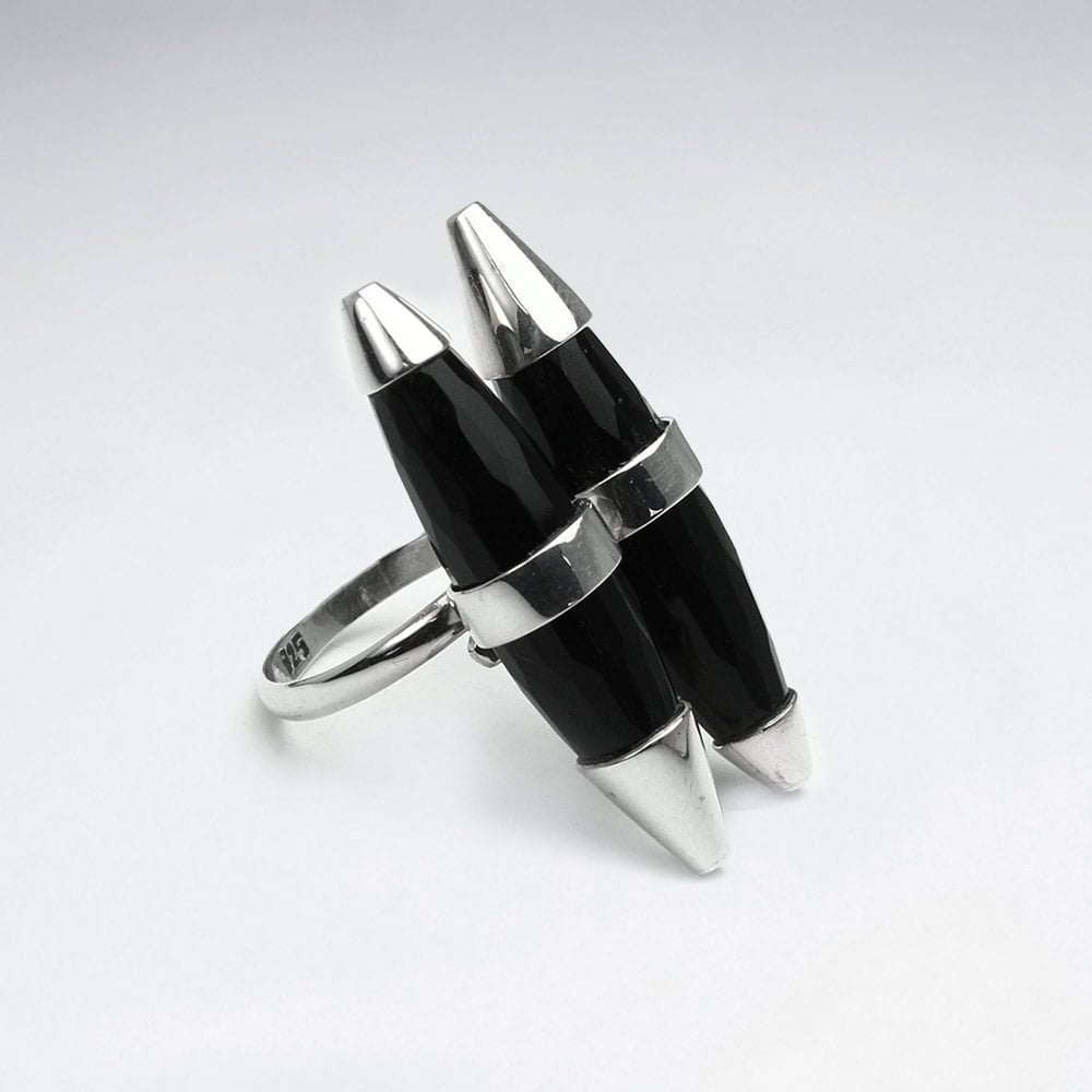Black Stone Sterling Silver Bullet Accent Ring