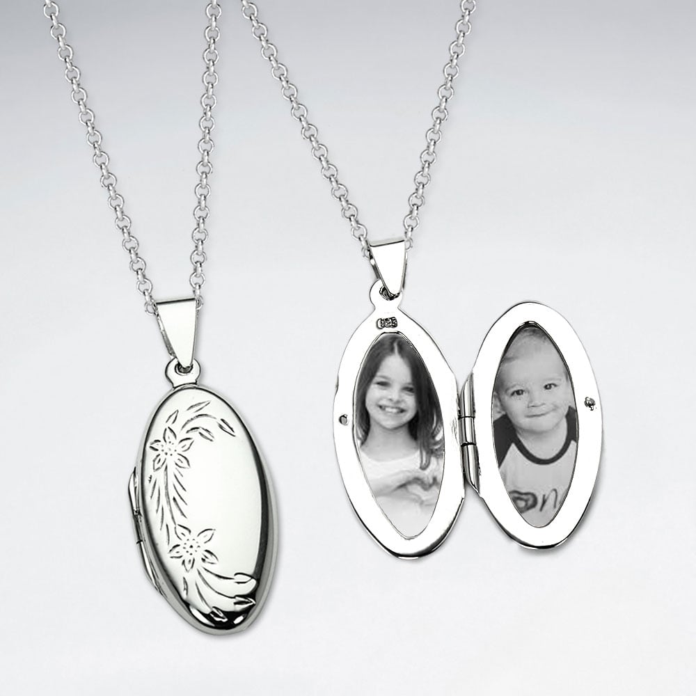Oxidized Engraved Floral Oval Locket Pendant