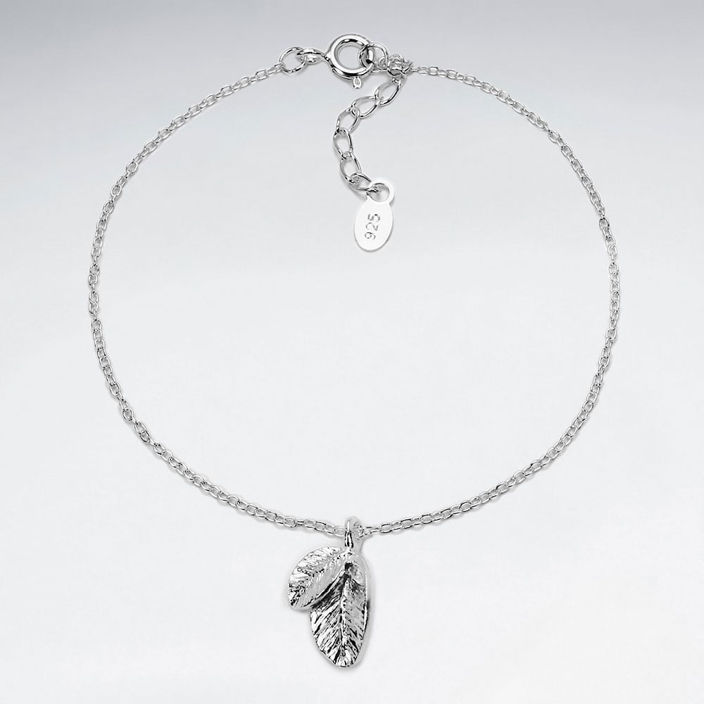 925 Silver Detailed Feathers Charm Bracelet