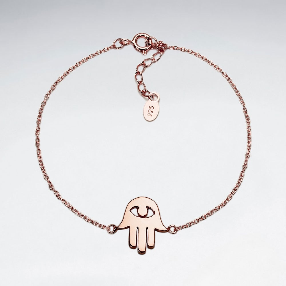 Sterling Silver Hamsa Hand Evil Eye Adjustable Chain Bracelet
