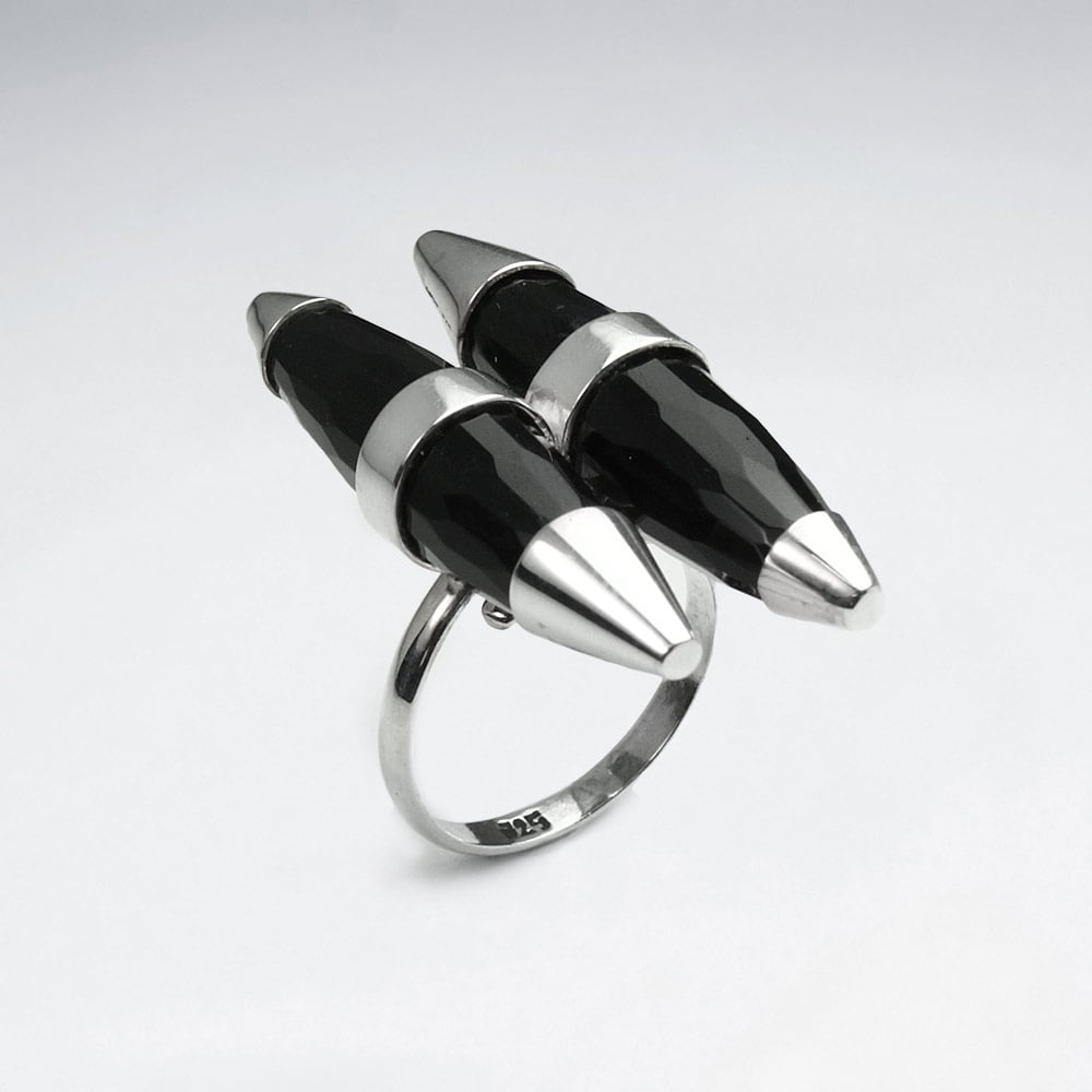 Black Stone Sterling Silver Bullet Accent Ring