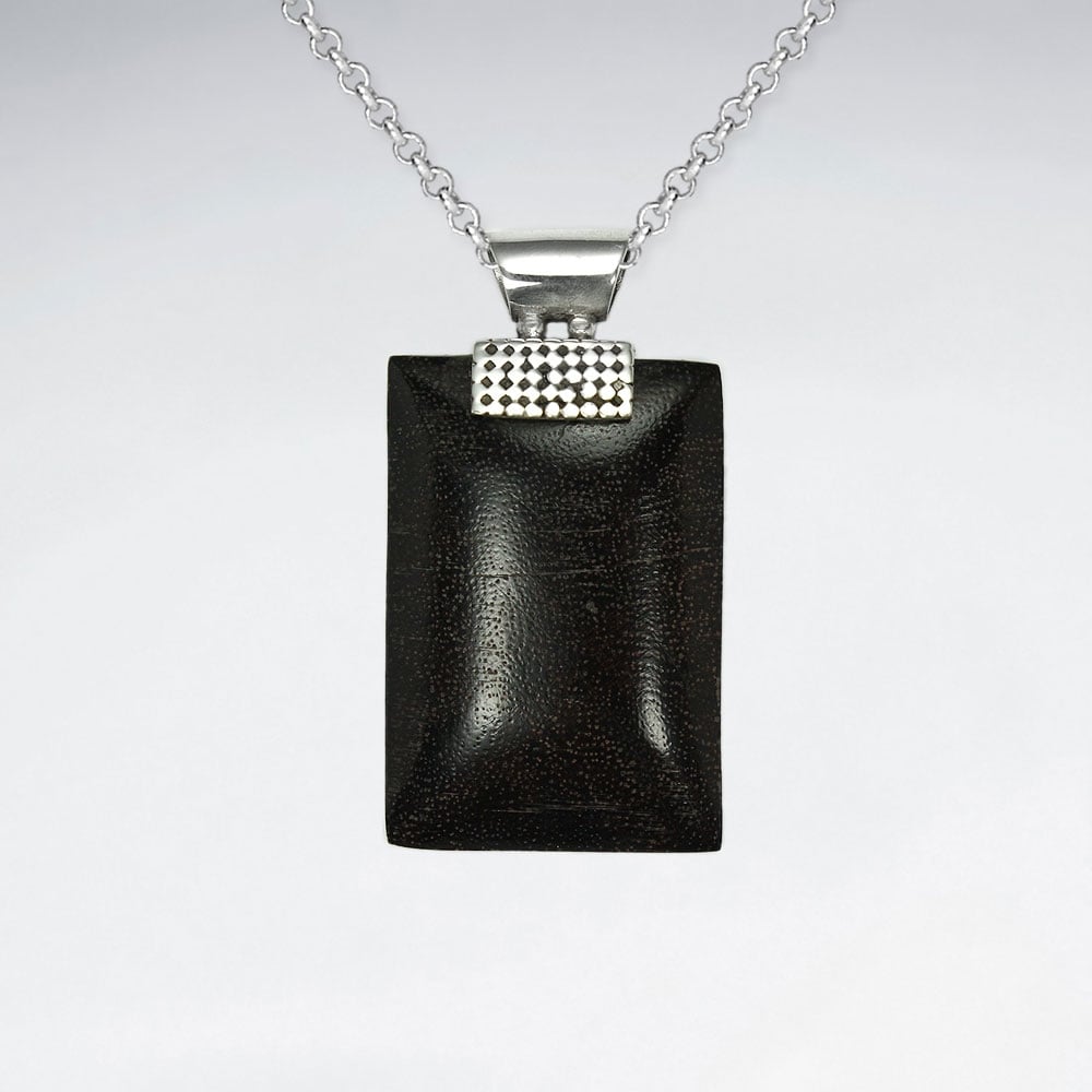Rectangle Design Natural Wood Silver Pendant