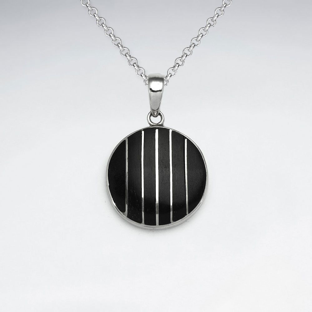 925 Silver Striped Circle Wood Pendant