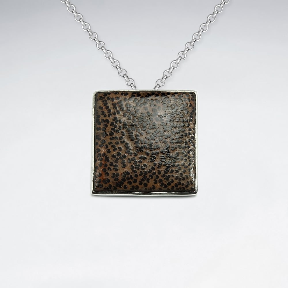 Square Shape Natural Wood Silver Pendant
