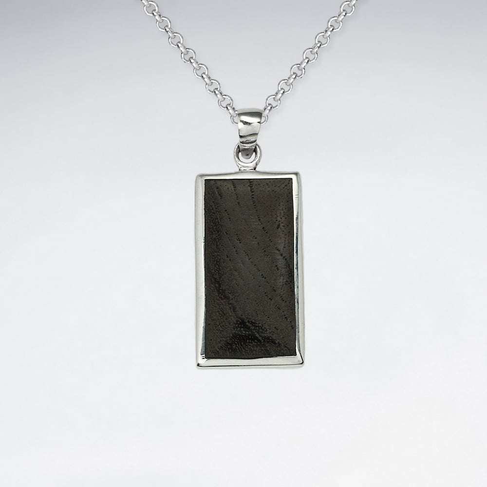 Sterling Silver Framed Rectangle Wood Pendant