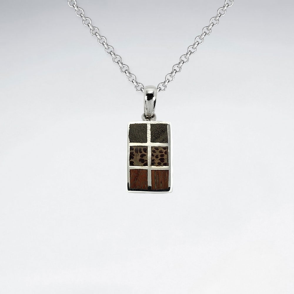 925 Silver Rectangle Spotted Wood Pendant