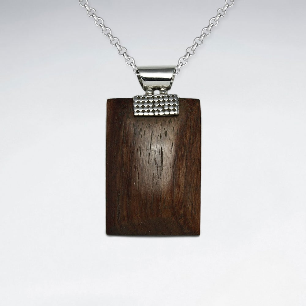 Rectangle Design Natural Wood Silver Pendant