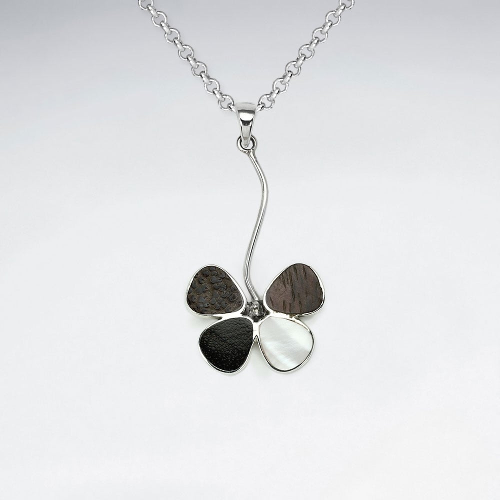 Flower Natural Mix Wood Silver Pendant