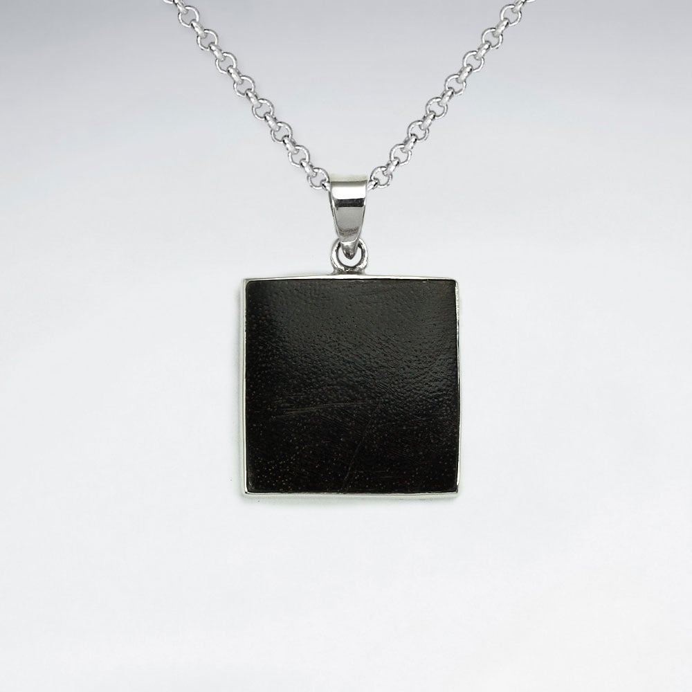 Square Shape Natural Wood Silver Pendant