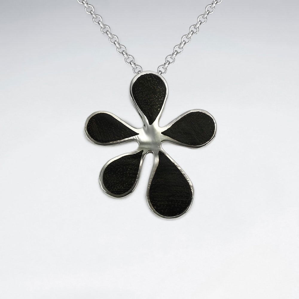 Flower Design Natural Wood Silver Pendant