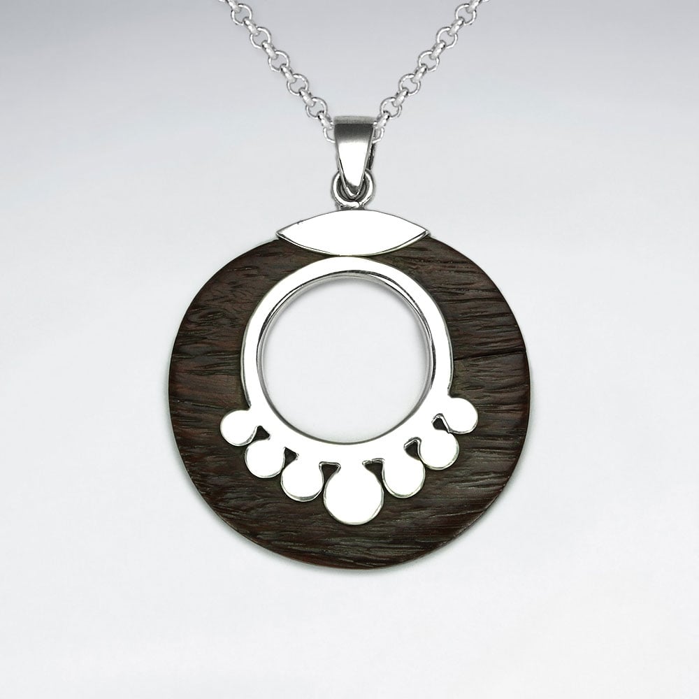 Round Shape Natural Wood Silver Pendant