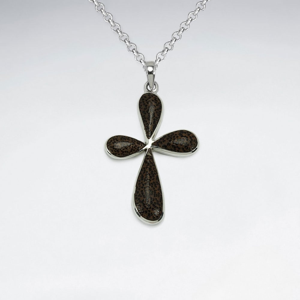 Cross Design Natural Wood Silver Pendant