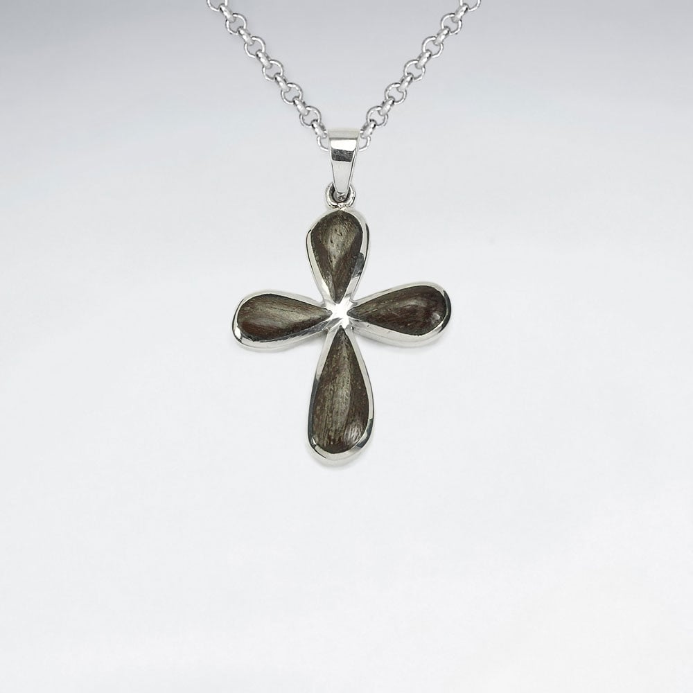 Cross Design Natural Wood Silver Pendant