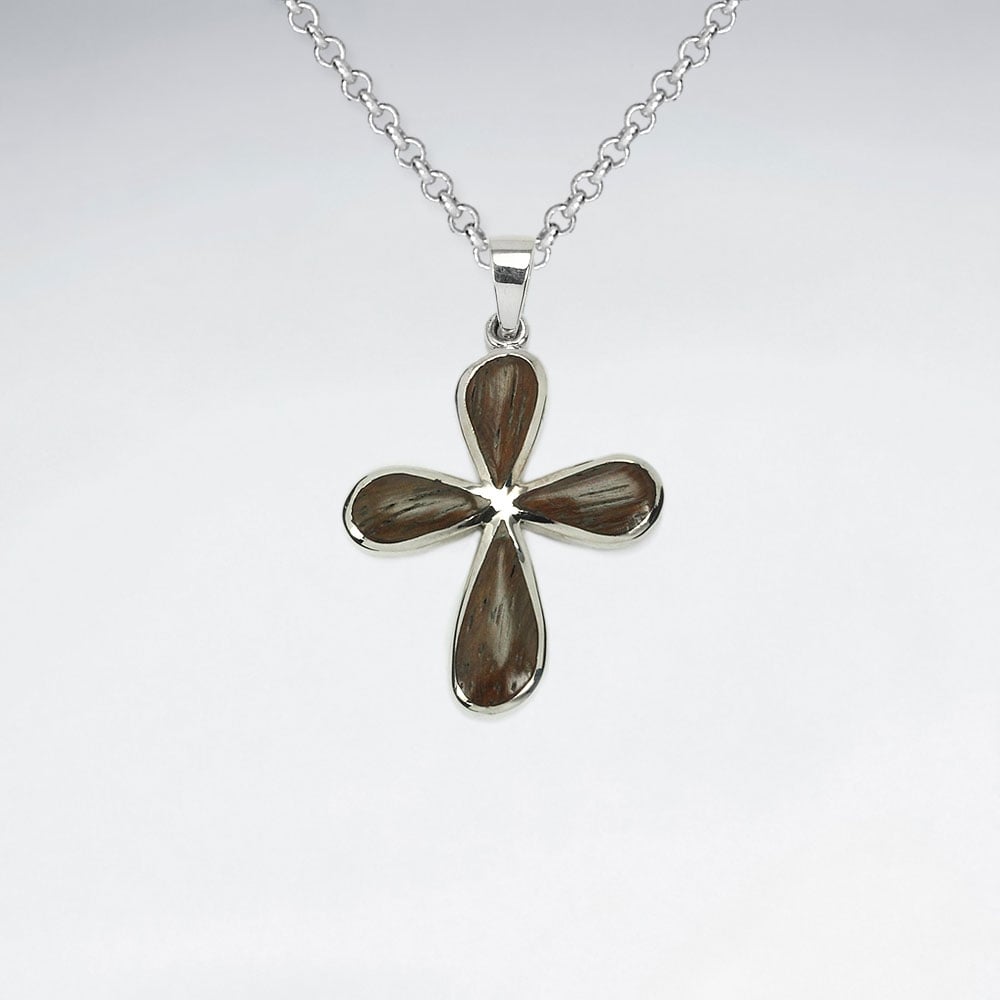 Cross Design Natural Wood Silver Pendant