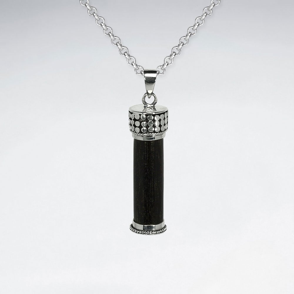 Tube Shape Wood Silver Pendant