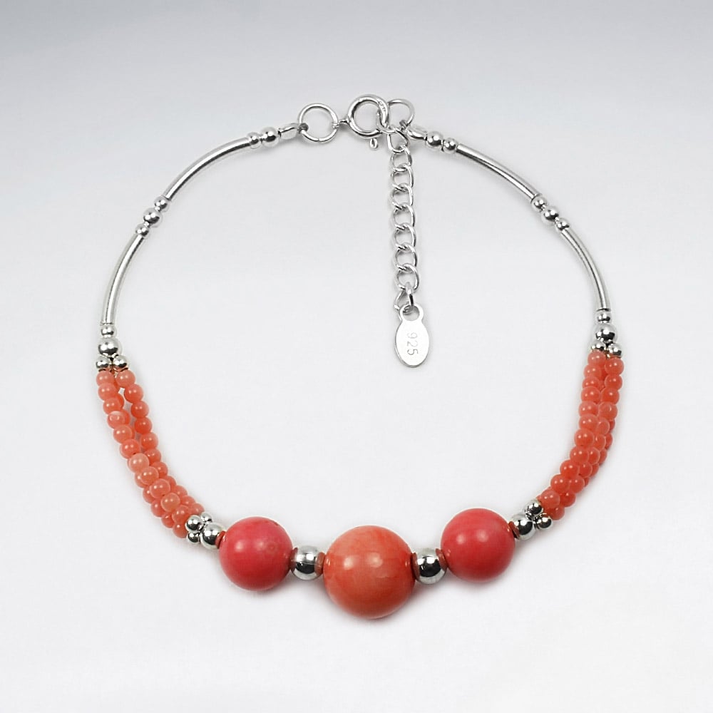 Sterling Silver With Pink Coral Ball Bracelet