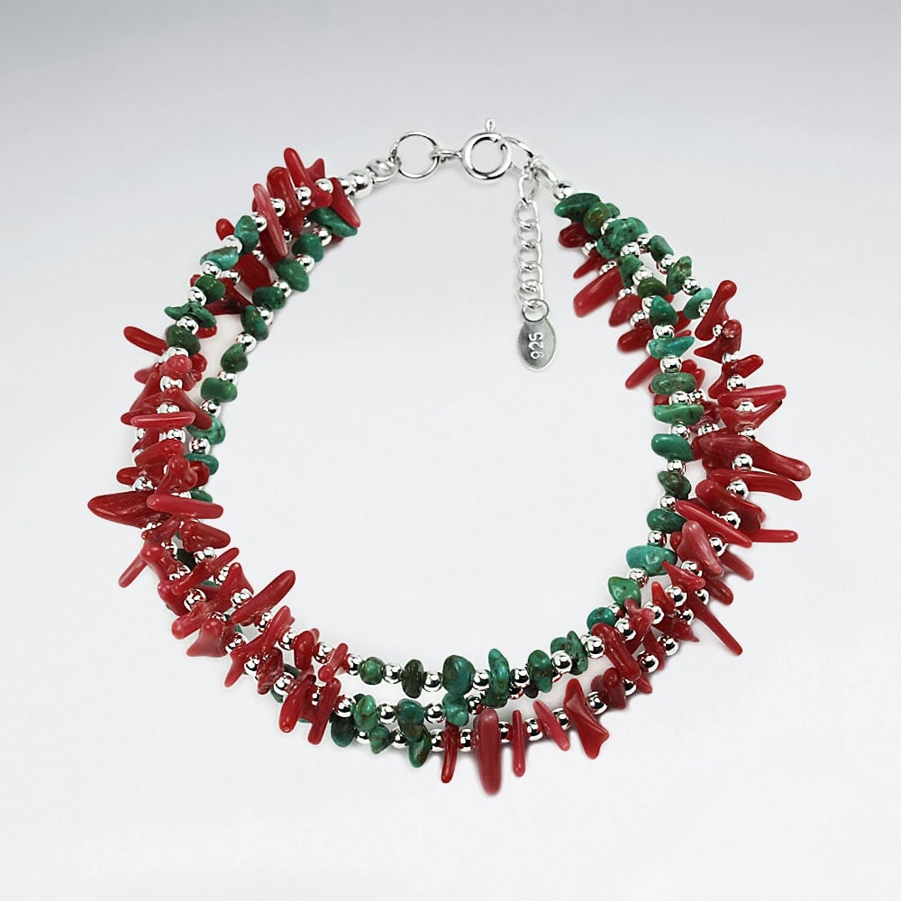 Sterling Silver With Coral & Turquoise Bracelet