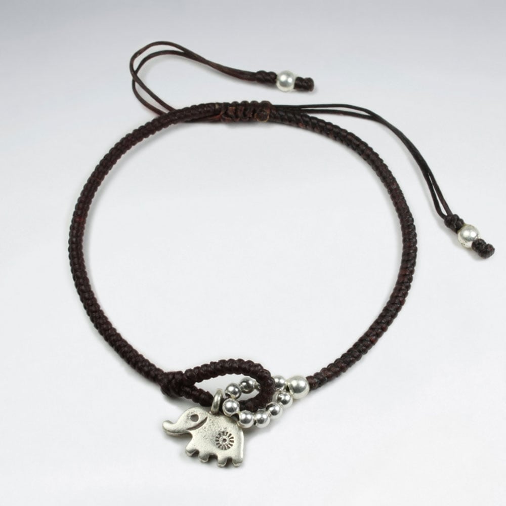 7 '' Adjustable Black Waxed Cotton Macrame Bracelet Pattern Silver Beads and Loop With Elephant Accent Charm
