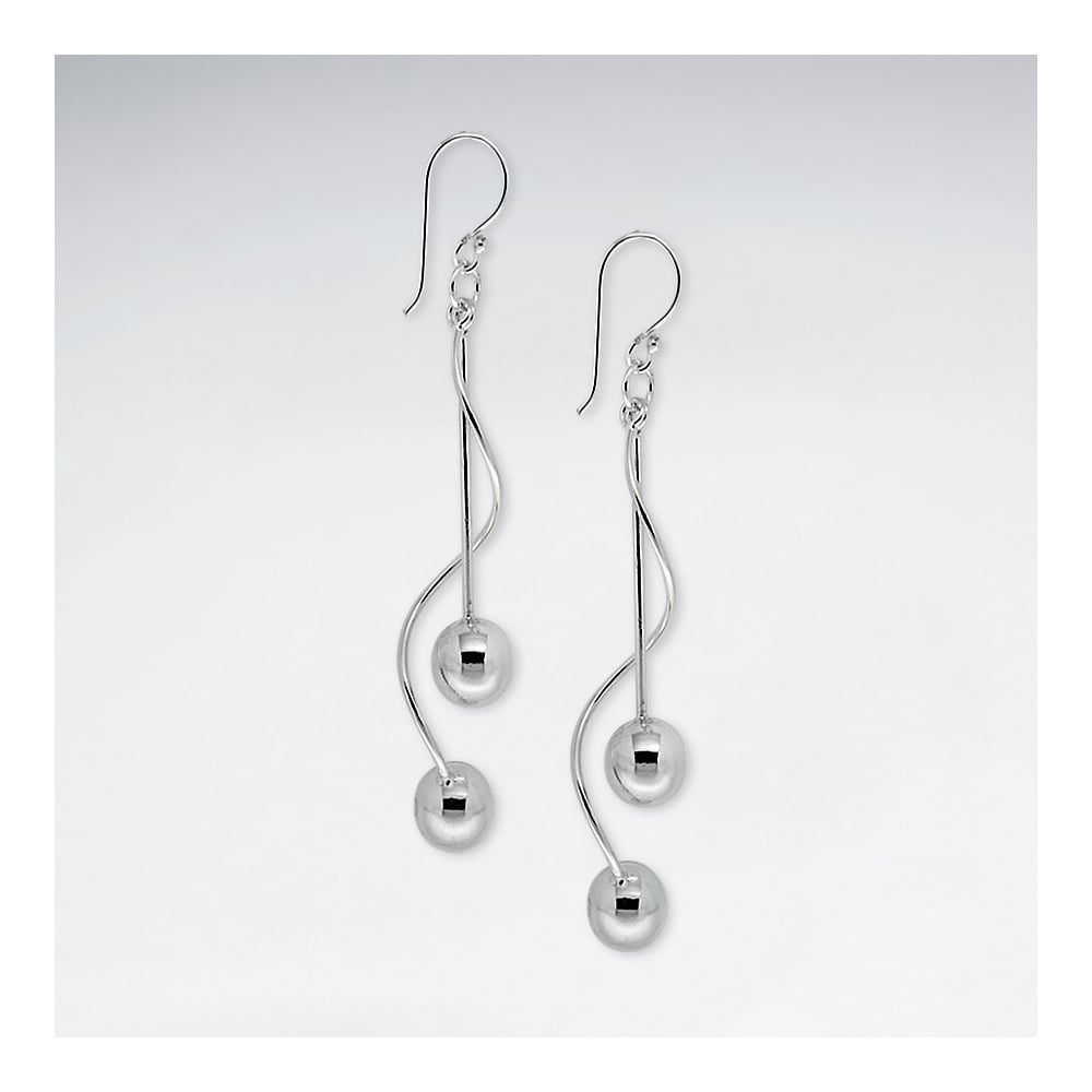 Elegant Silver Double Drop Wavy Ball Hook Earrings