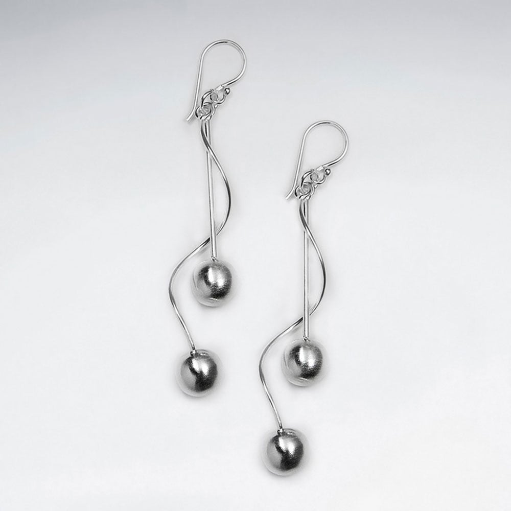 Elegant Silver Double Drop Wavy Ball Hook Earrings