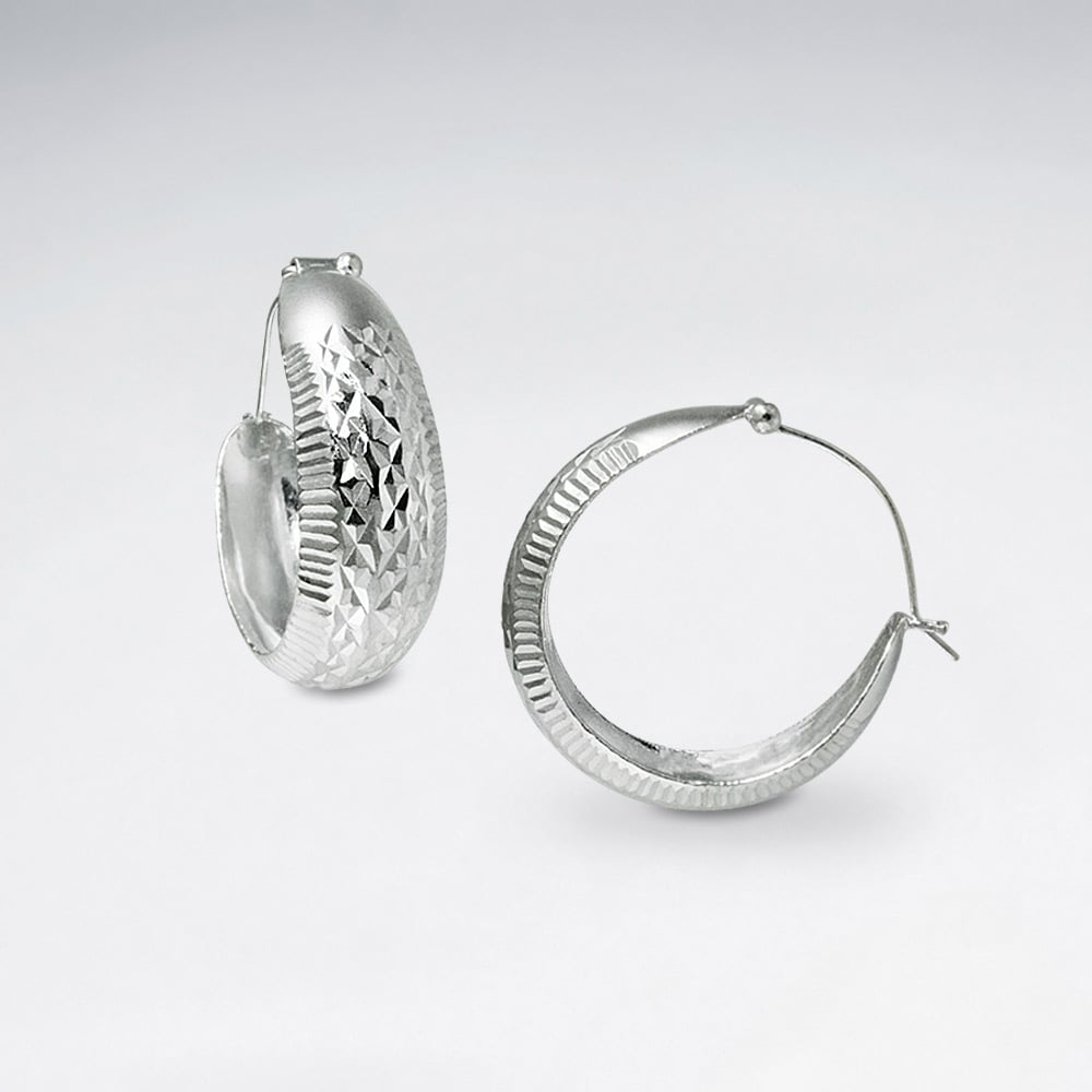 Edgy Texture Patterned Silver Small Gradated Hoop Earrings
